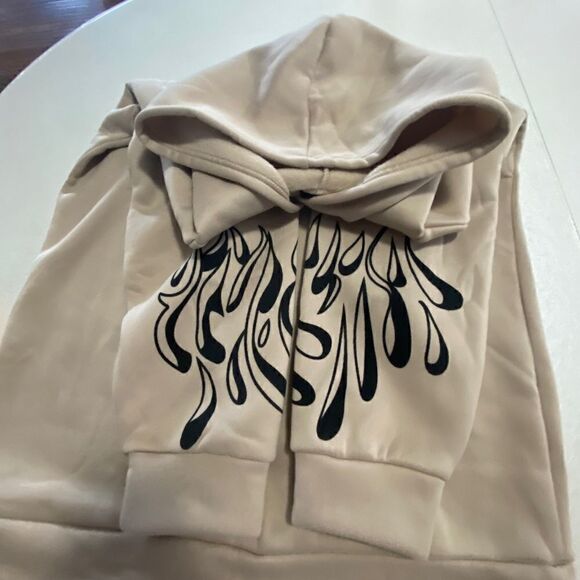 Drop Shoulder Fire Print Thermal Longline Hoodie SzL Kaki - Picture 7 of 10